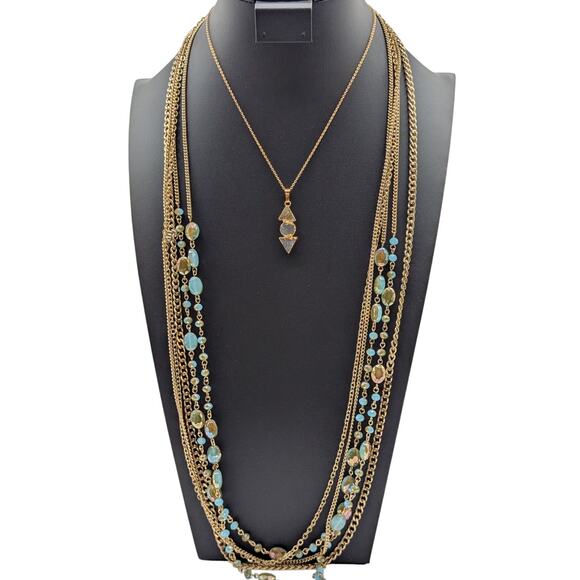 Lot of Two Gold Tone Necklaces Multi Strand Gold Tone Blue Gilded Bead & Druzy - Picture 7 of 7
